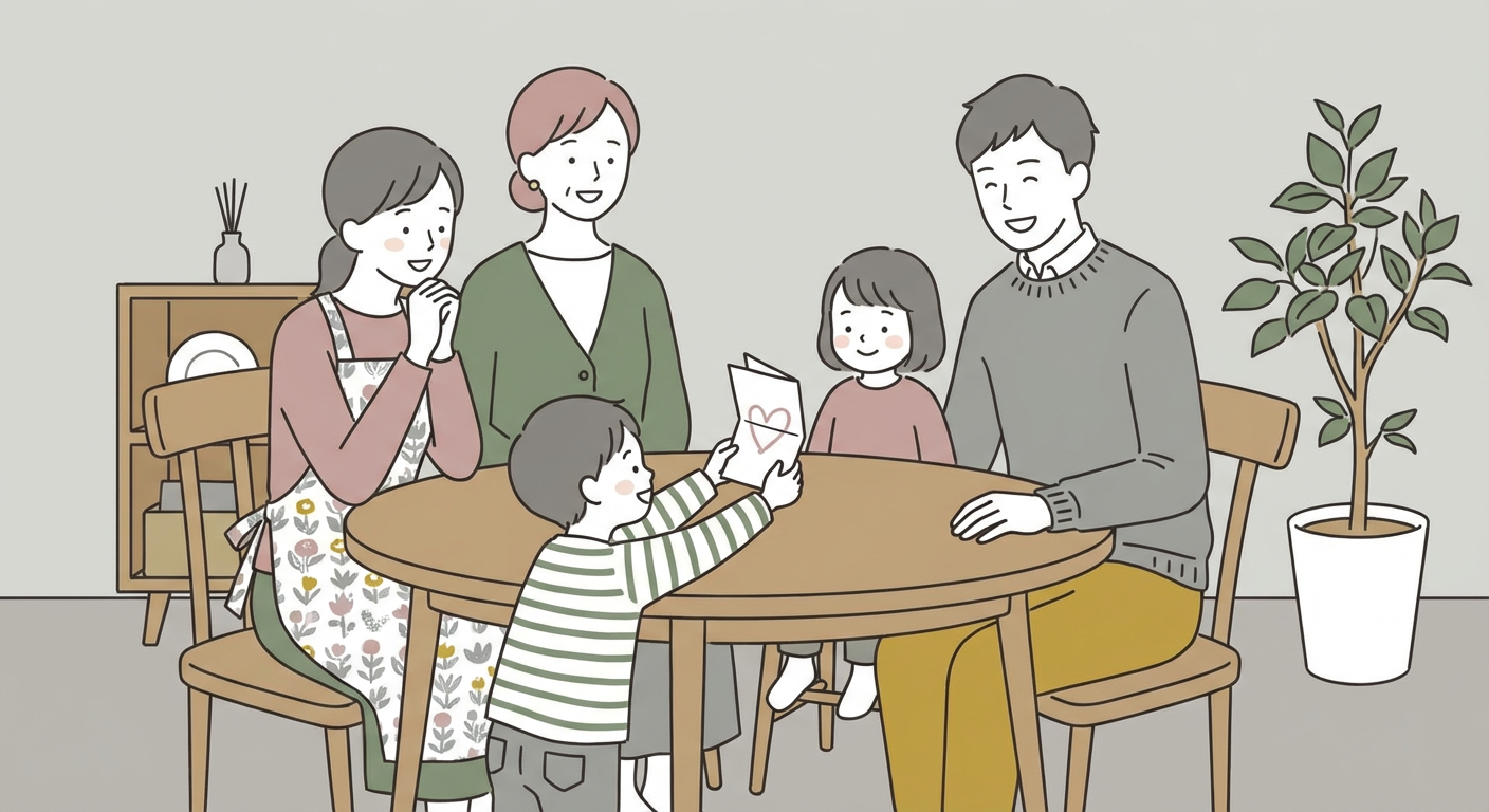 家族でダイニングテーブルを囲み、子どもがお父さんに手作りカードを渡している温かいシーン