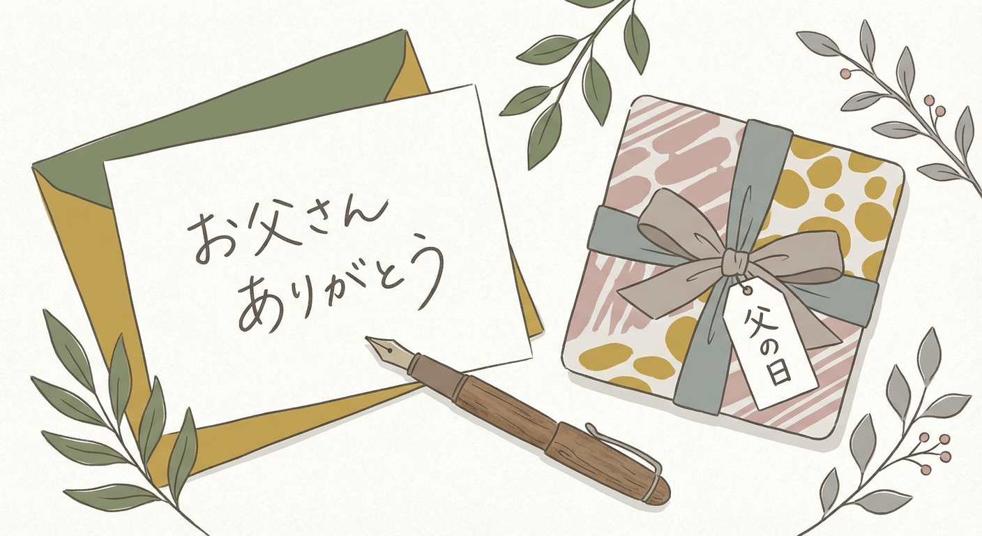 手書きのメッセージカードと万年筆、父の日のリボン付きギフトのイメージ（北欧イラスト風・やわらかい線画）