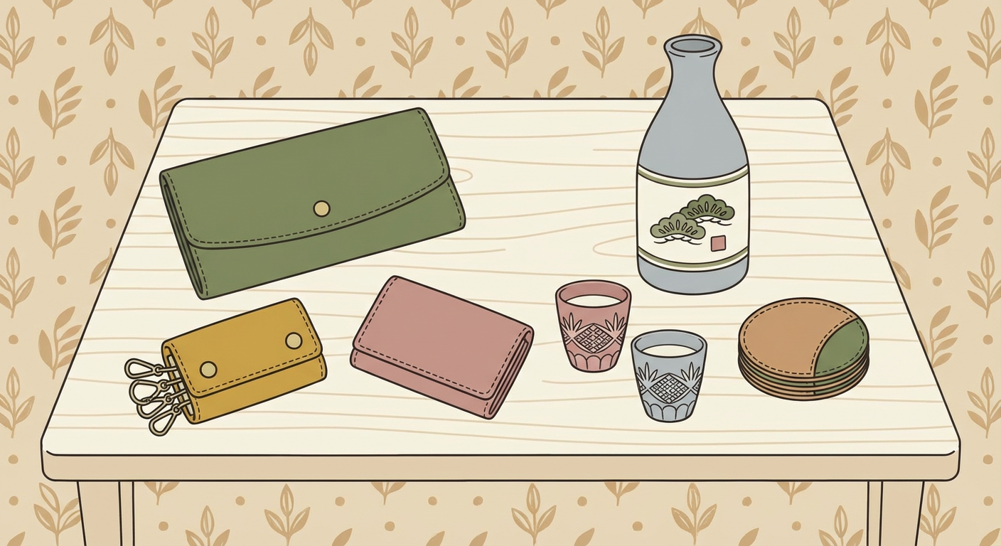 父の日のプレゼント候補(革小物・日本酒・グラス)が並んだフラットな俯瞰イメージ(北欧イラスト風・くすみカラー)