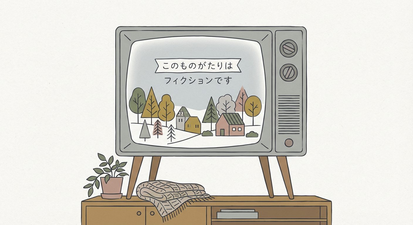 テレビ画面に「この物語はフィクションです」と表示されているイメージ