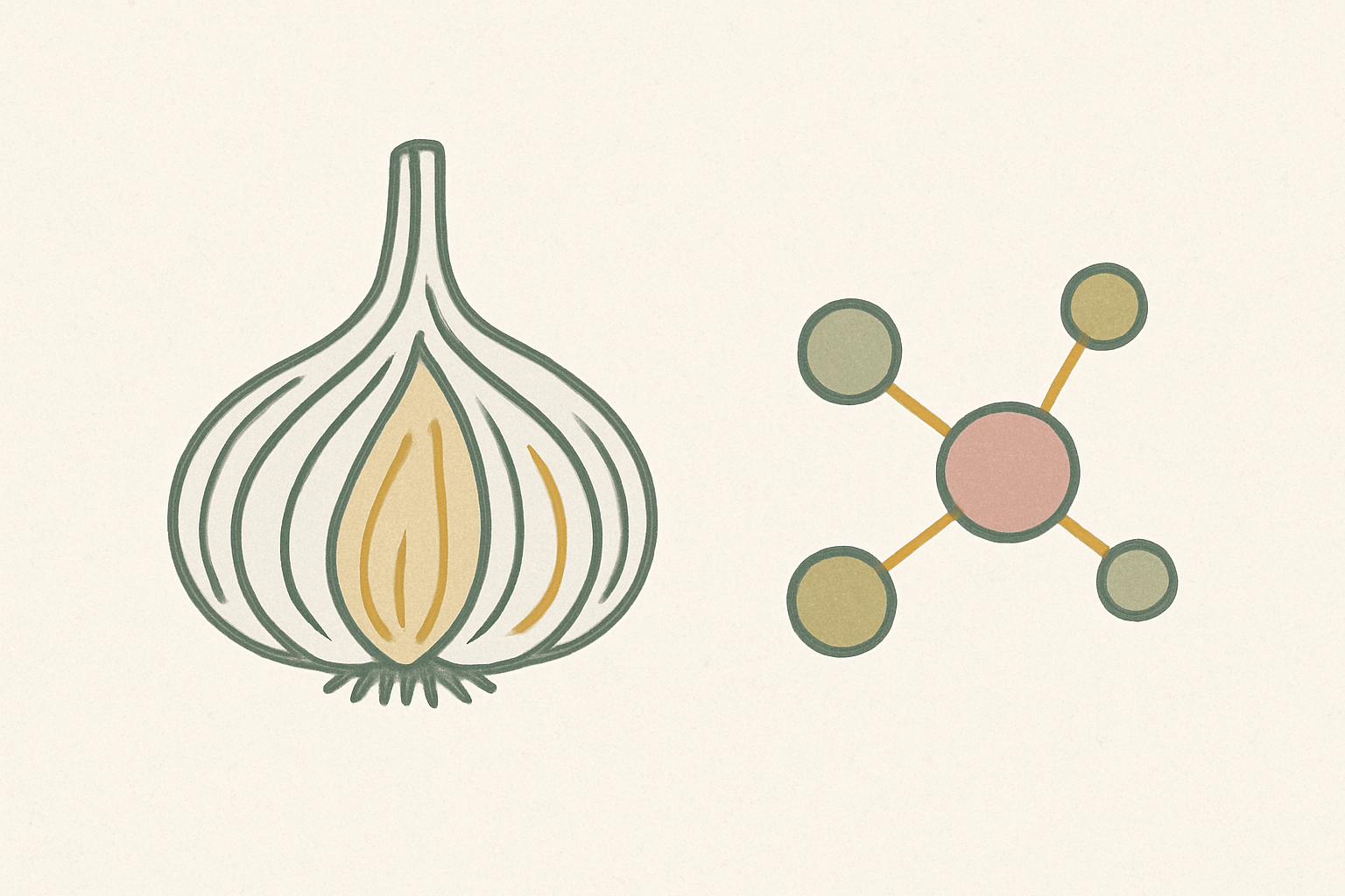 にんにくの断面とアリシンのイメージ（北欧イラスト風）