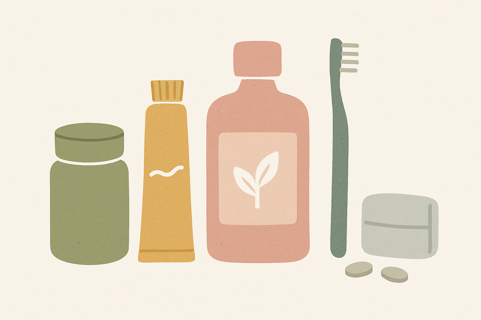 外出先での口臭ケアアイテム（北欧イラスト風）
