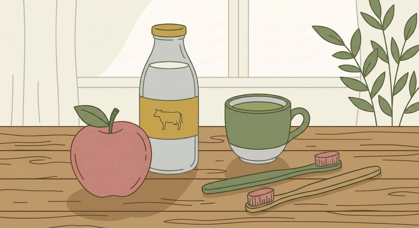 朝の対策アイテム（りんご・牛乳・緑茶・歯ブラシなど）が並んだイメージ