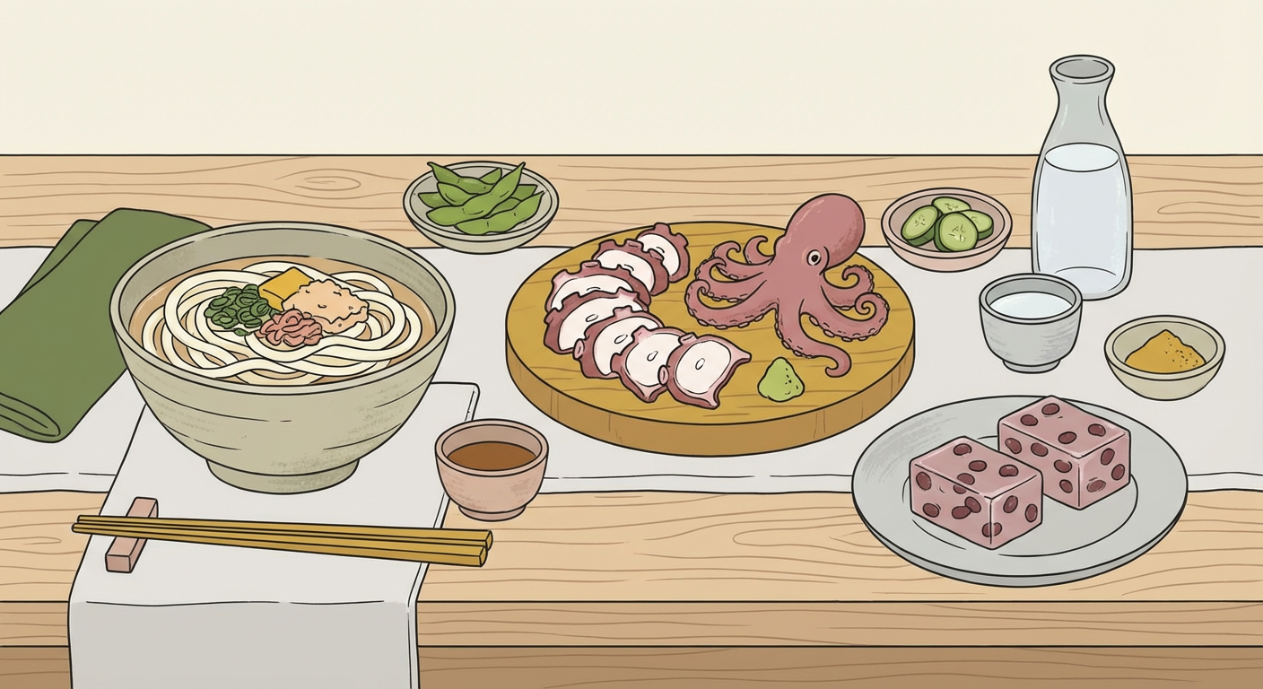 夏至の食卓イメージ（タコ・うどん・水無月など和の食べ物）