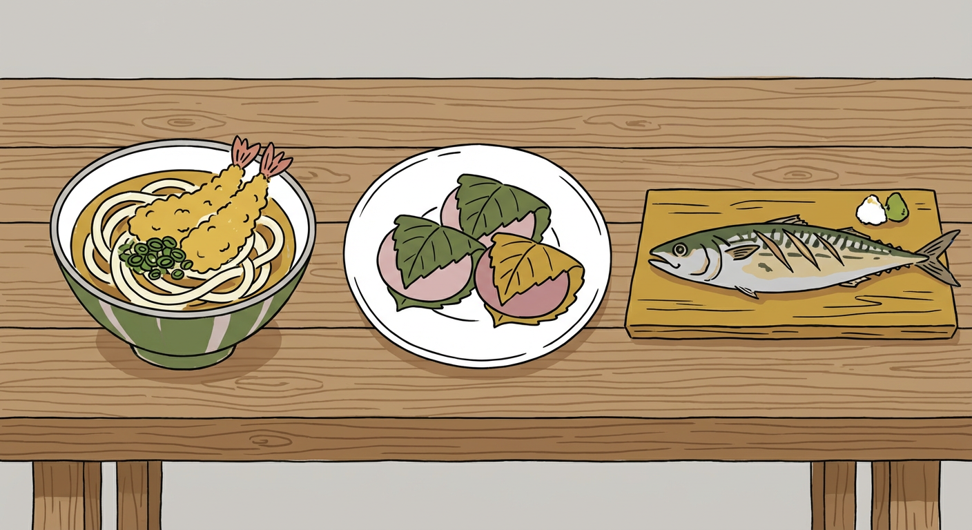 香川のうどん・奈良の半夏生餅・福井の焼き鯖を並べたイメージ