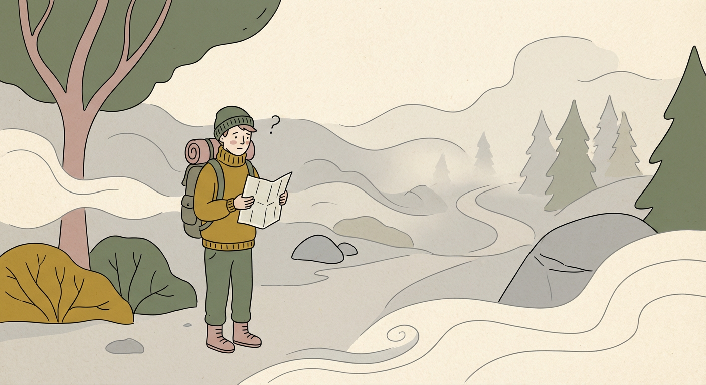 霧の中で道に迷う人のイメージ（北欧イラスト風、くすみカラー）