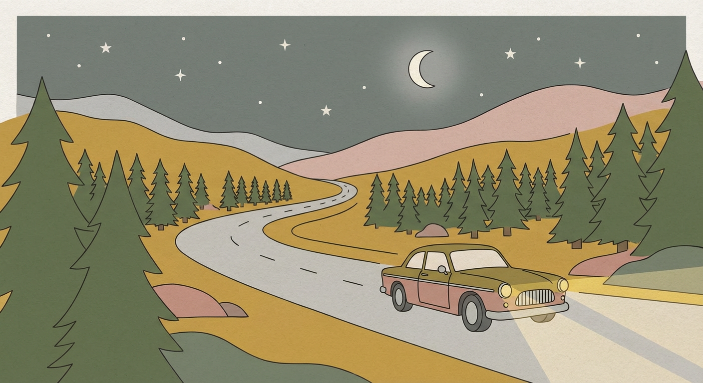 夜の道を車で走る風景（北欧イラスト風、くすみカラー）