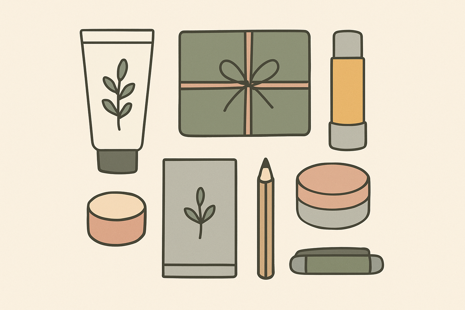 プチギフトのイメージ（リップバーム、ハンドクリーム、文房具などが並んだ写真風）