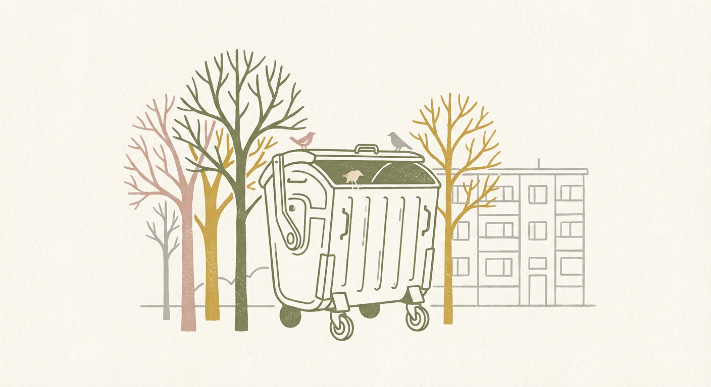 かつてのアパート敷地に置かれていた金属製ダストボックスの北欧イラスト風シルエット