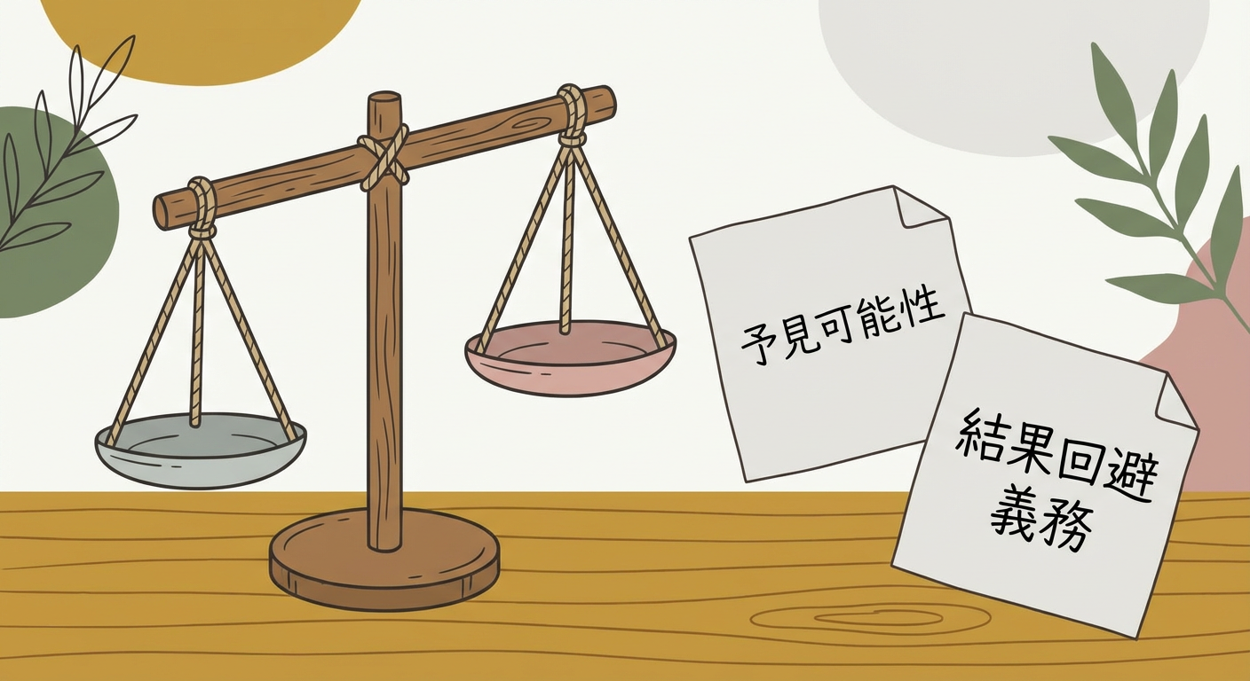 天秤と「予見可能性」「結果回避義務」と書かれたメモのフラットな北欧イラスト