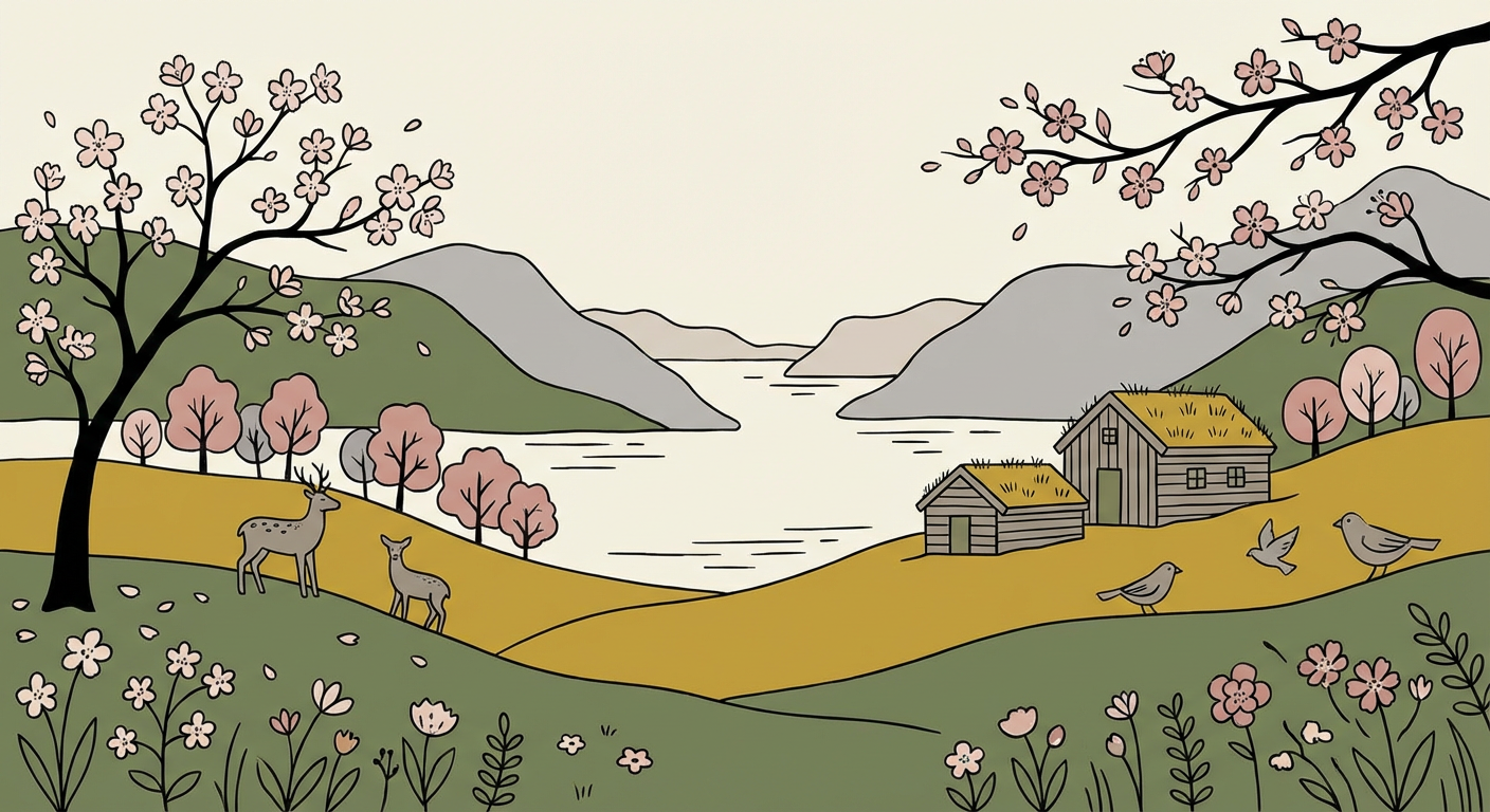 桜と春の風景の北欧風イラスト