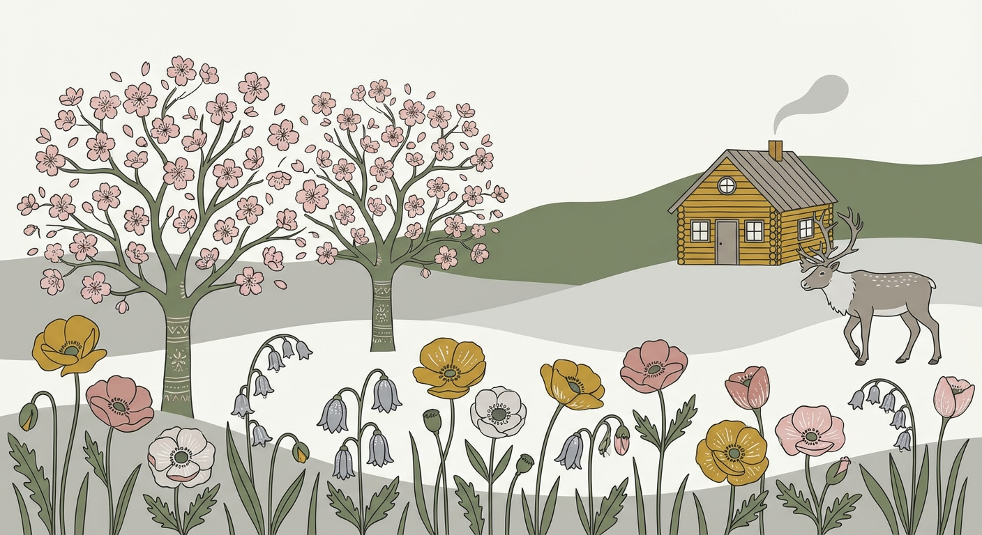 満開の桜と春の野花の北欧風イラスト