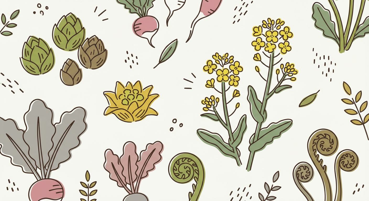 蕗の薹や菜の花など春の食材の北欧風イラスト