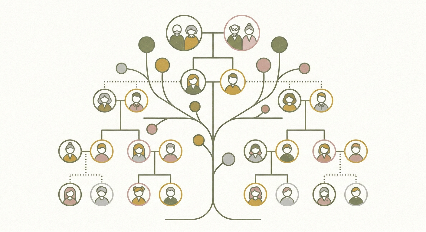 家系図でいとこ・はとこの関係を示すイメージ