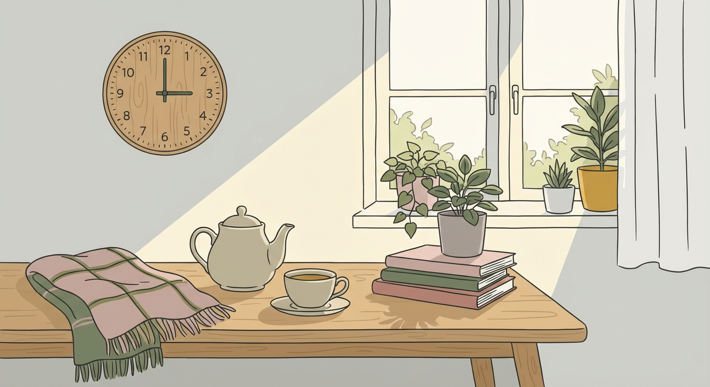 午後の時間帯のイメージ（時計と紅茶など）