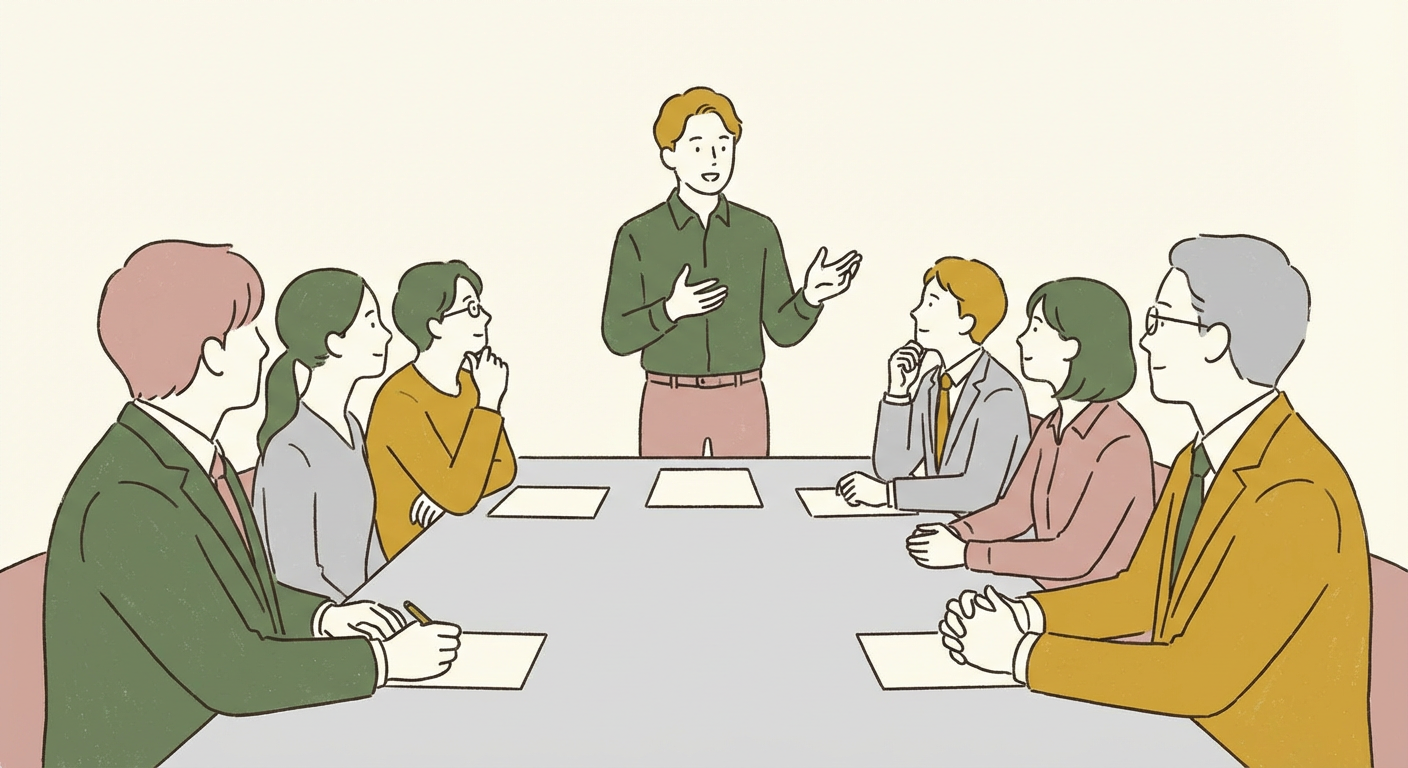 ビジネス会議で一人だけ話しているイメージイラスト