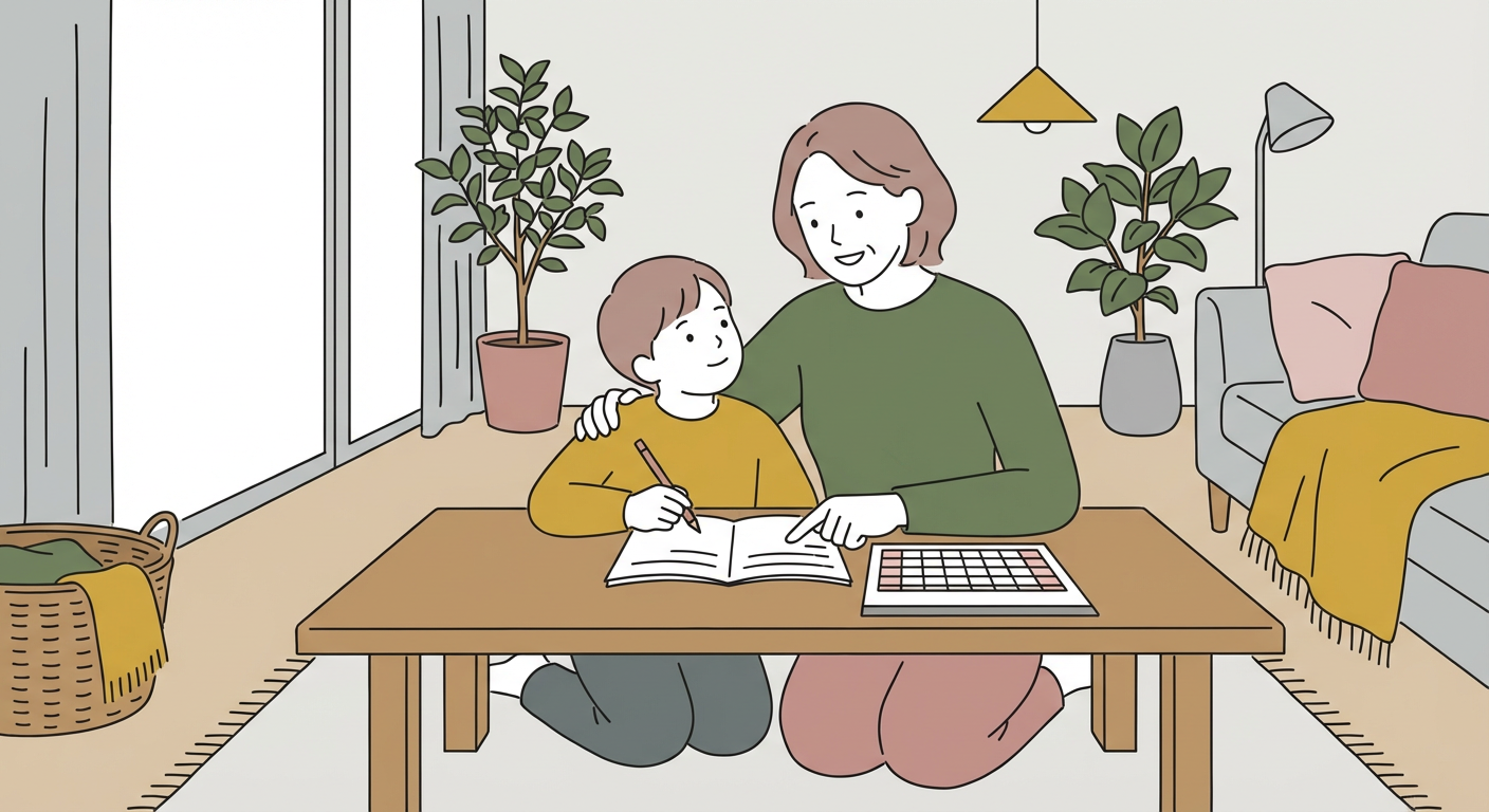 母親が子供に穏やかに声をかけながら一緒に宿題の計画を立てているシーン