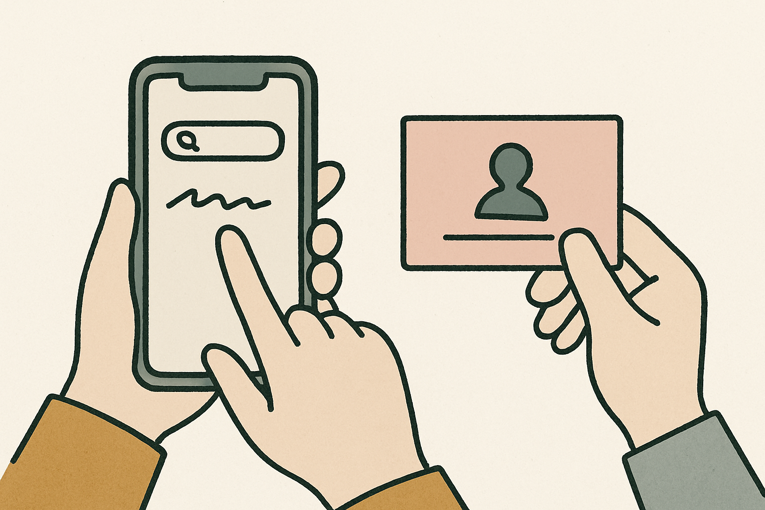 名前の調べ方テクニックを示すイラスト（スマホの手書き入力画面・名刺のイメージ）