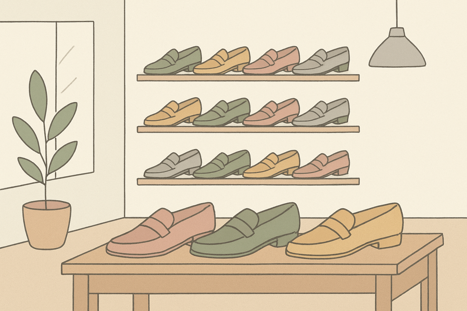 ローファーが並んだ靴屋の店内イメージ