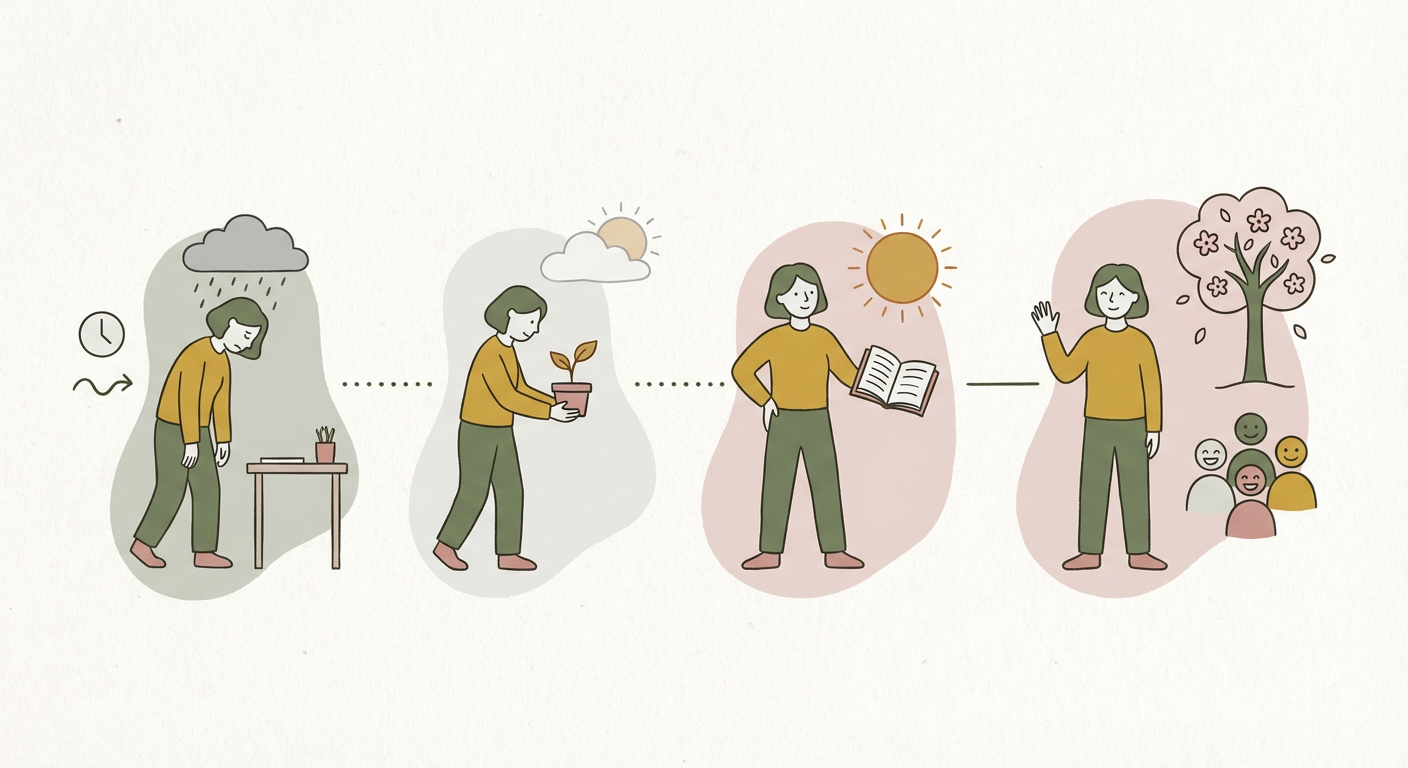 異動後の時間経過とモチベーション回復のイメージイラスト