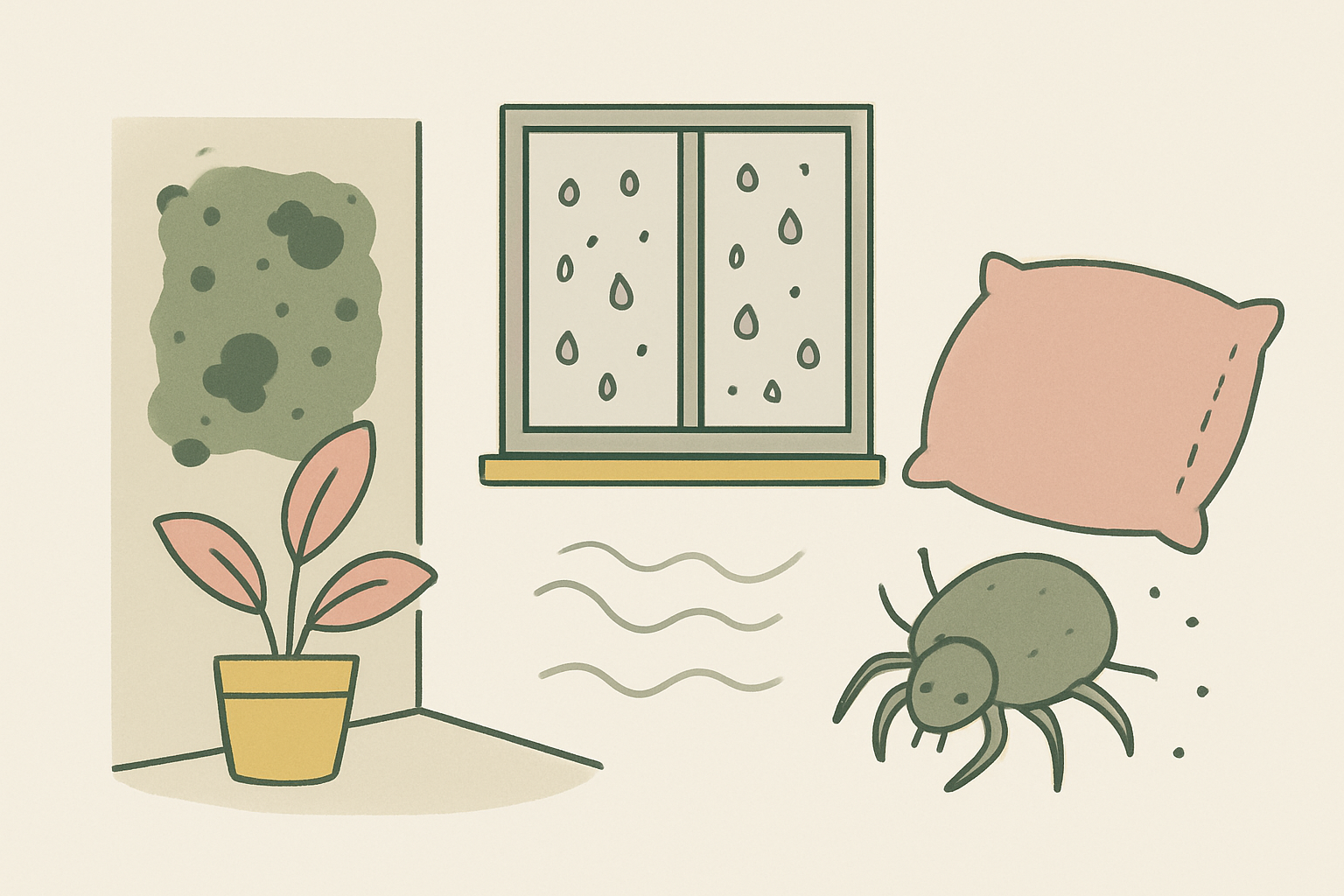 高湿度による影響（カビ・結露・ダニ）のイメージイラスト