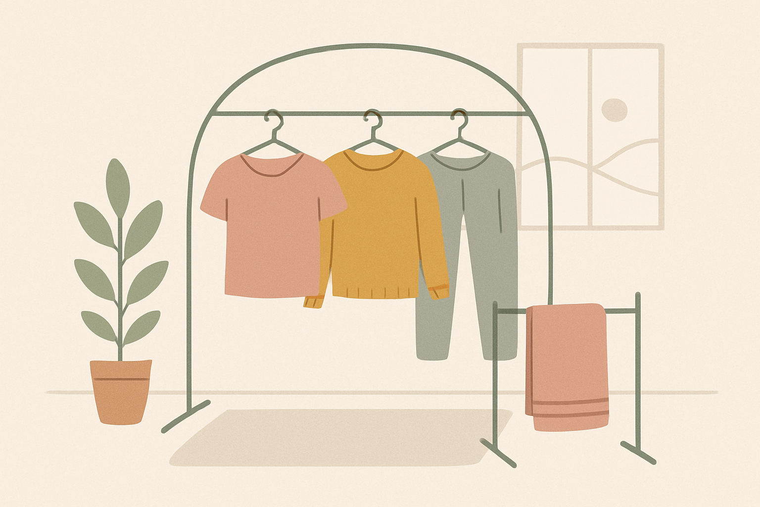 室内干しの正しい配置（アーチ干し・間隔確保）の図解