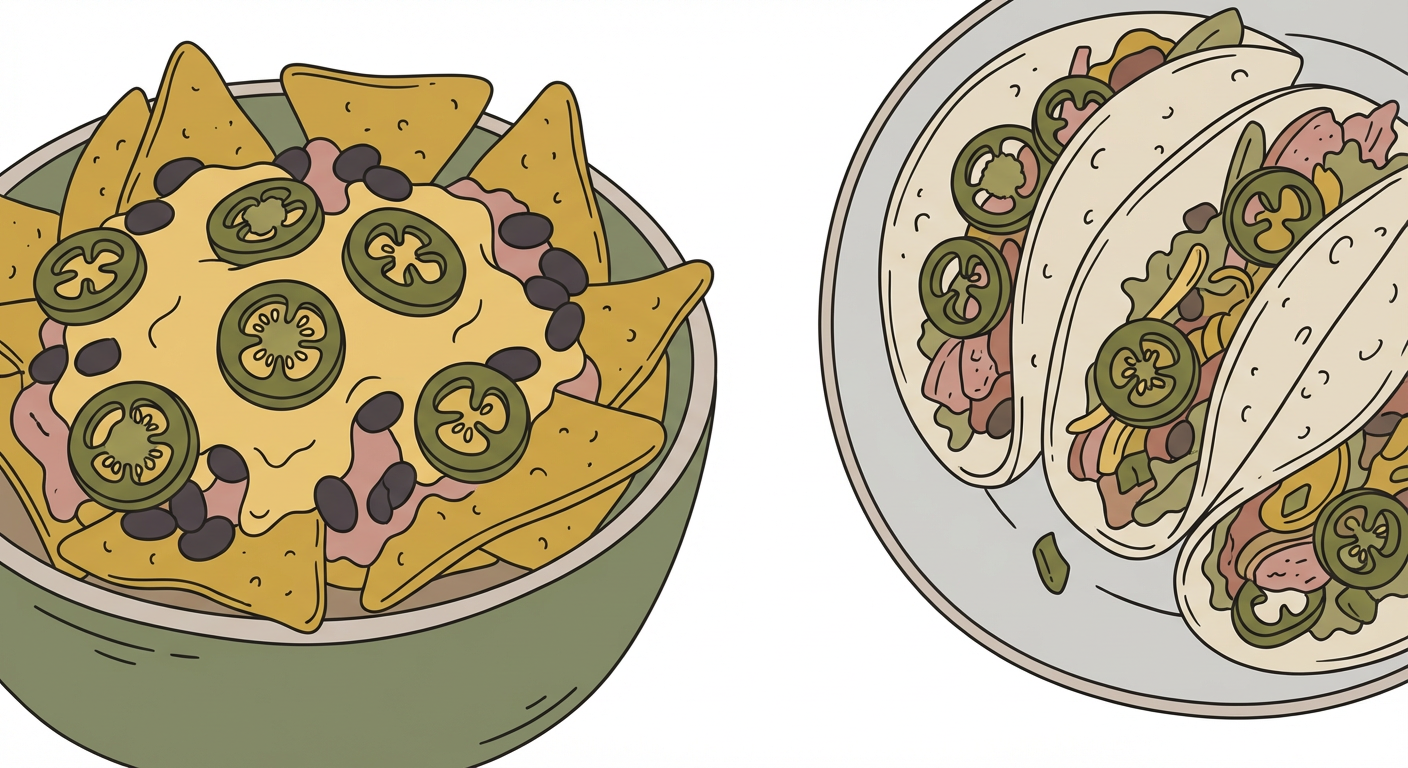 ハラペーニョの輪切りピクルスがのったナチョスやタコスのイメージの北欧イラスト風
