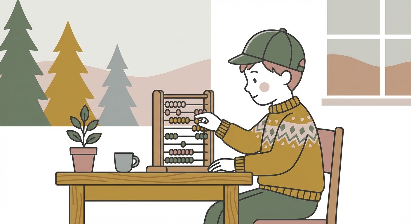 そろばんを前に計算している小学生のシーン
