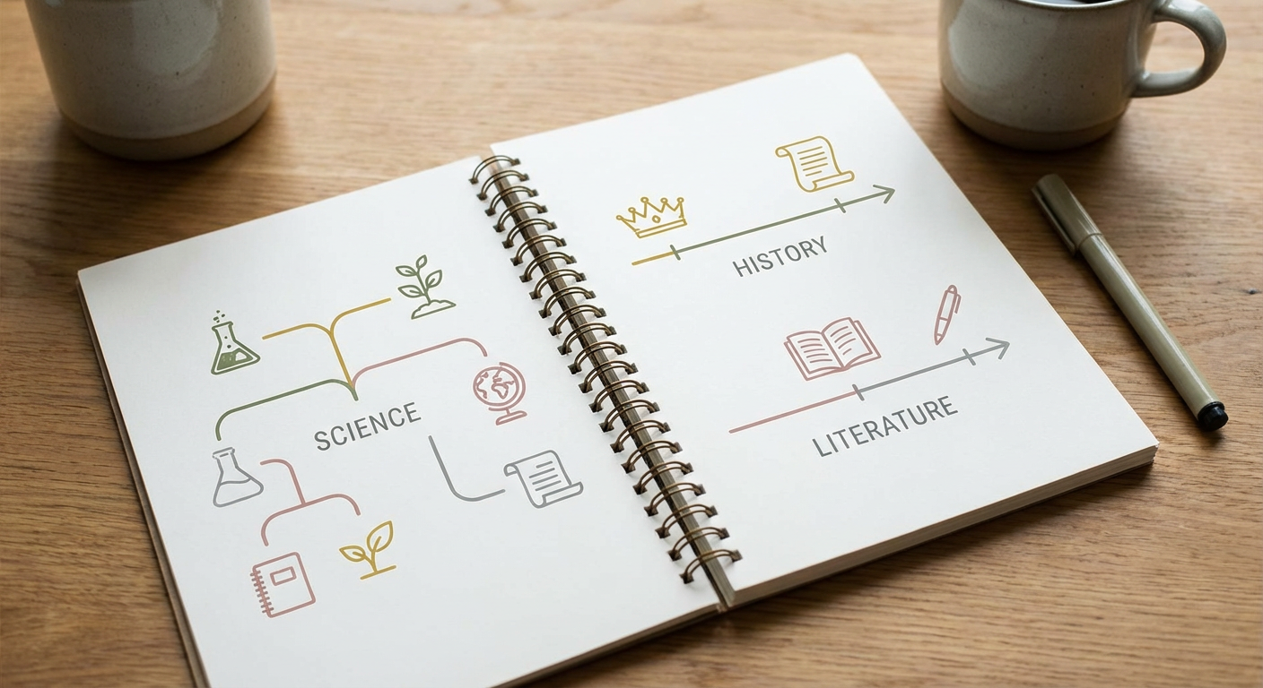 ノートに教科ごとの単元マップを書き込んでいるイメージ
