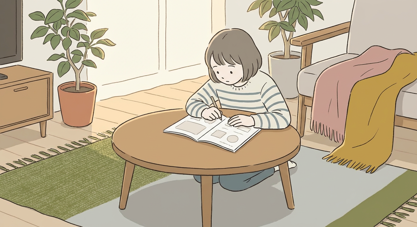 中学生の子がリビングで小学校用の薄いドリルを開いているイメージ