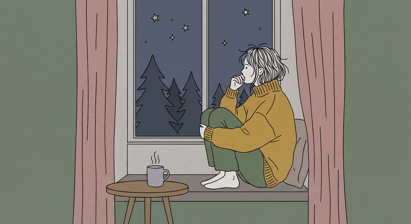 夜の窓辺で不安そうに考え込む人物の北欧イラスト風イメージ