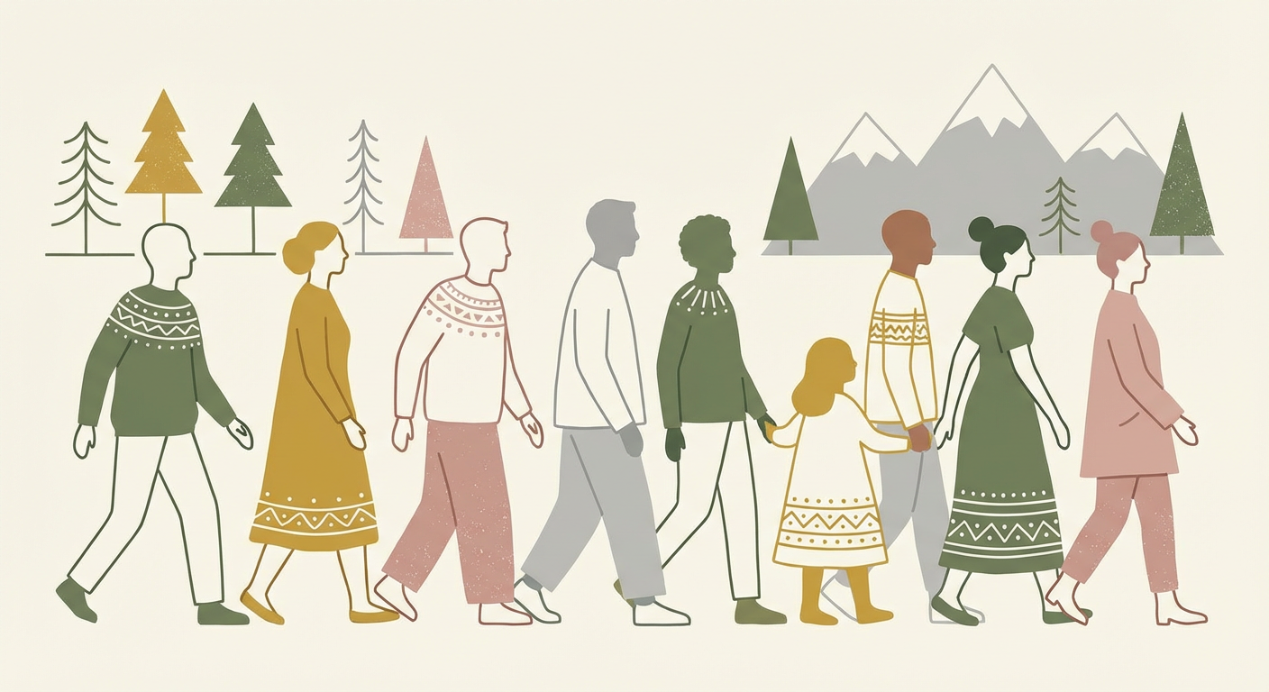 さまざまな人物のシルエットが並ぶ北欧イラスト風イメージ