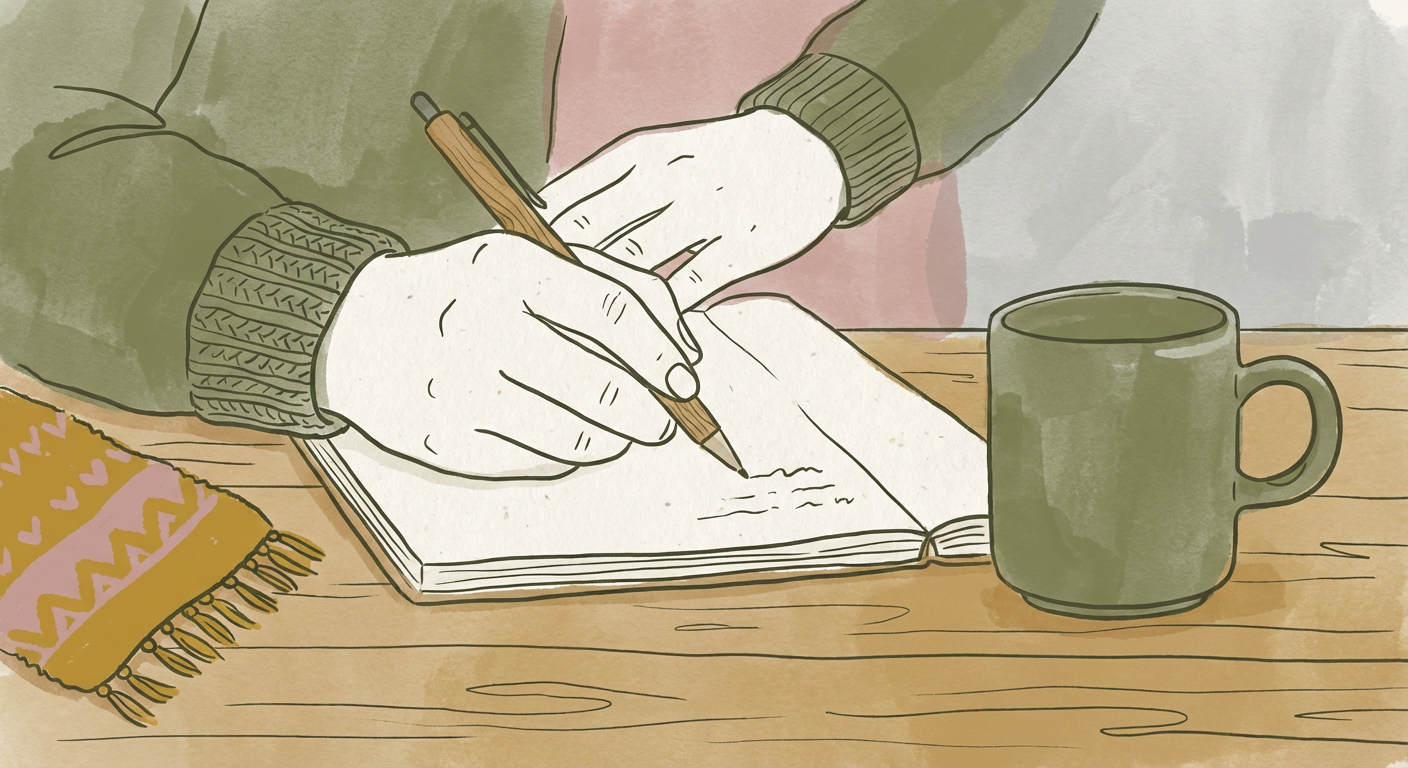 ノートにペンで書き込む手元の北欧イラスト風イメージ