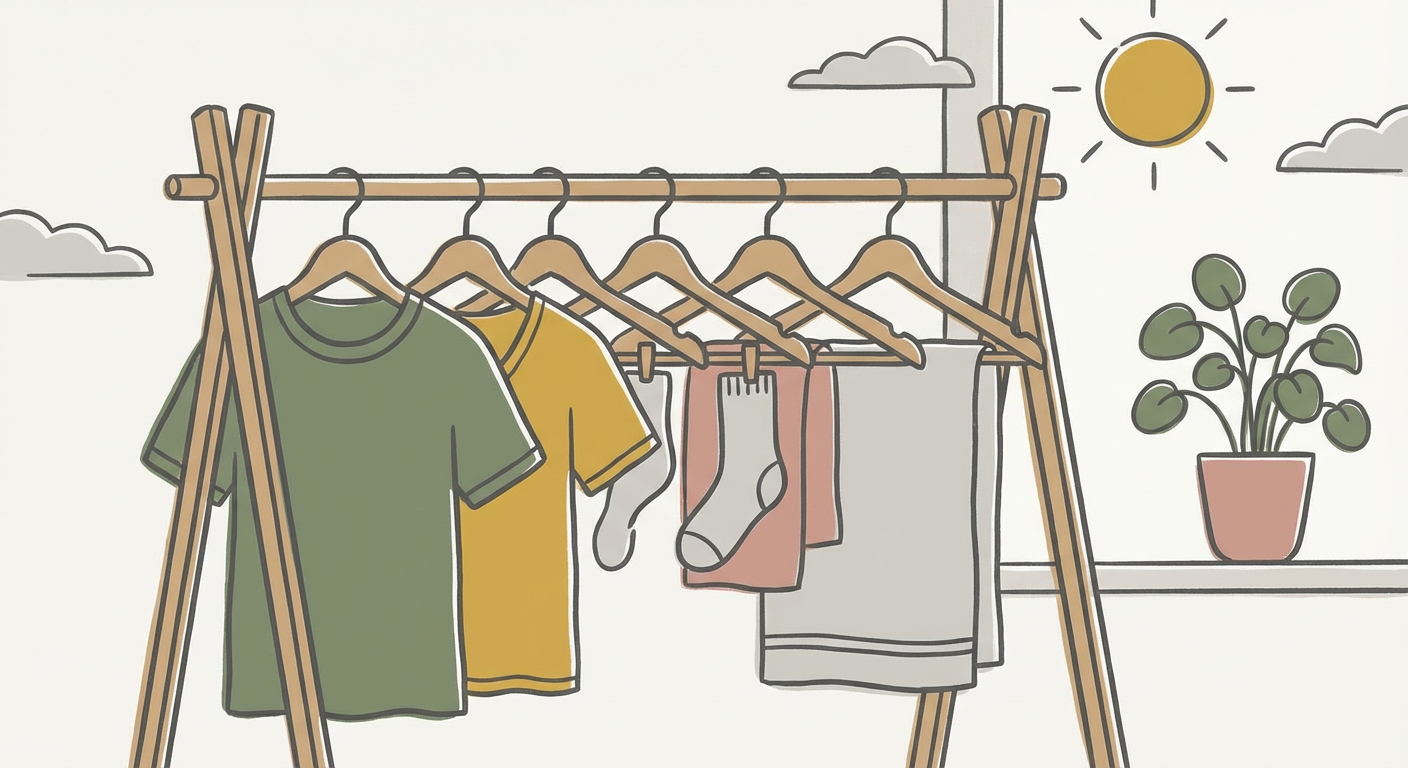 洗濯物をハンガーにかけて干しているイメージイラスト