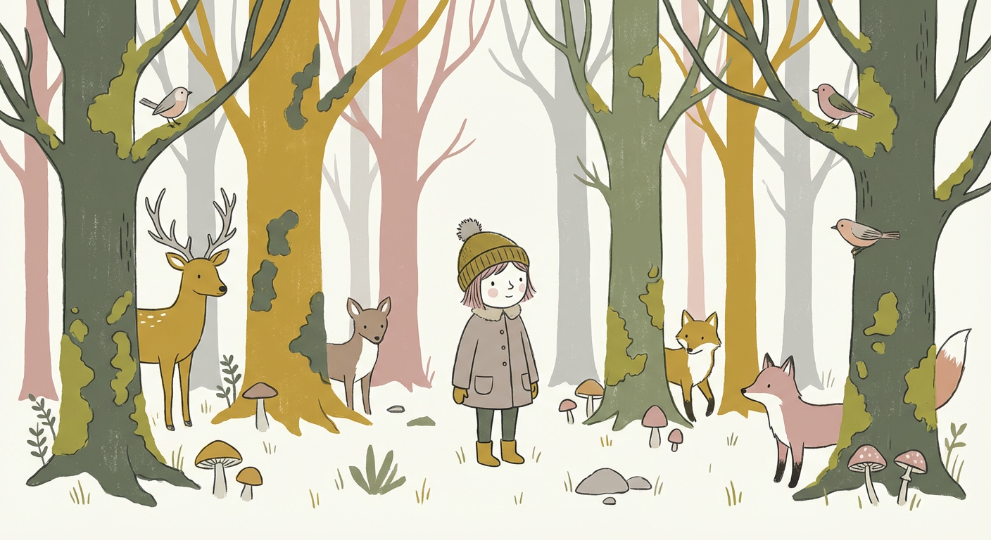 やさしい印象の北欧風イラスト（森の中でひとり立ち尽くす子供、くすみカラー）
