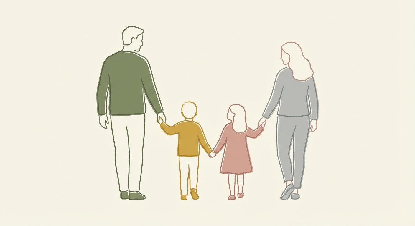 北欧風くすみカラーで描かれた家族のシルエット（親と子が手を繋ぐシーン）