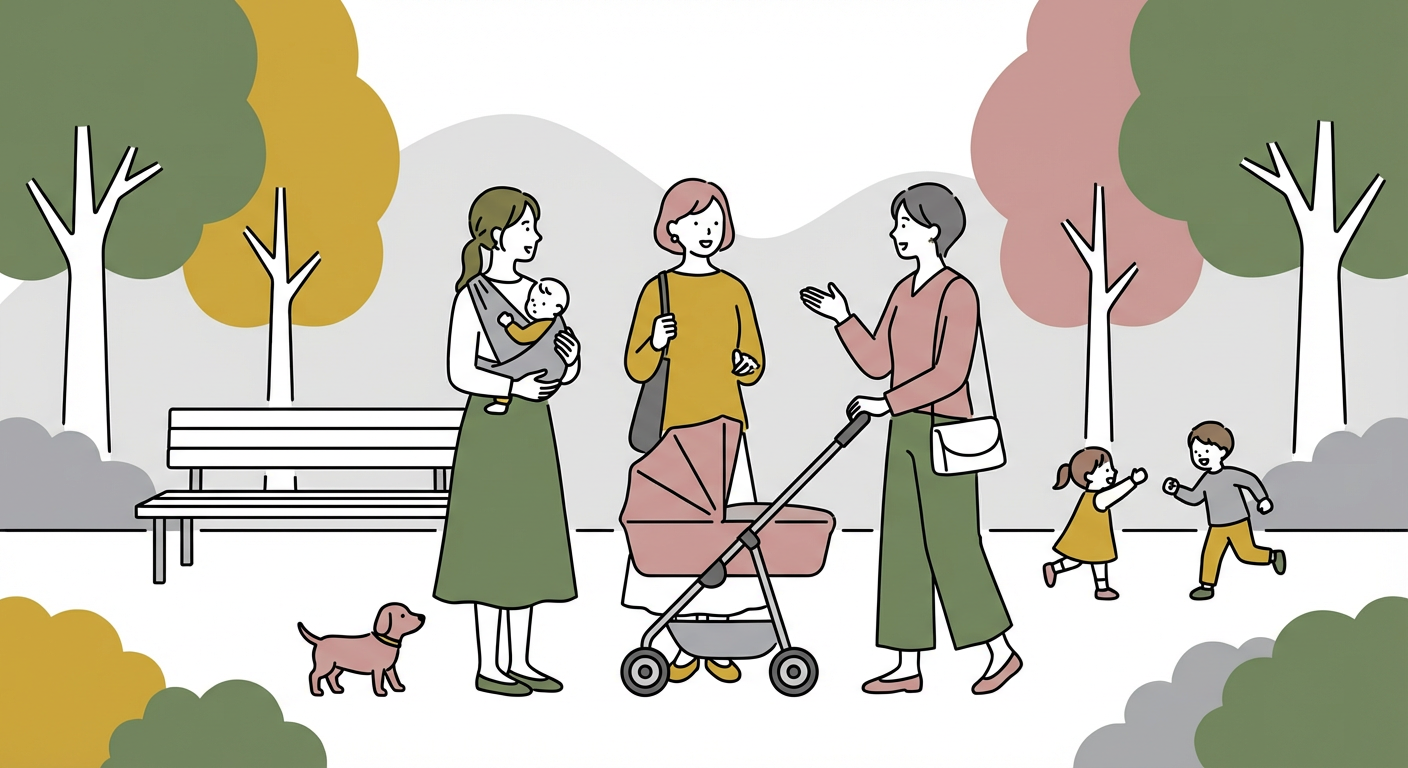 公園で立ち話するママたちの北欧イラスト風イメージ
