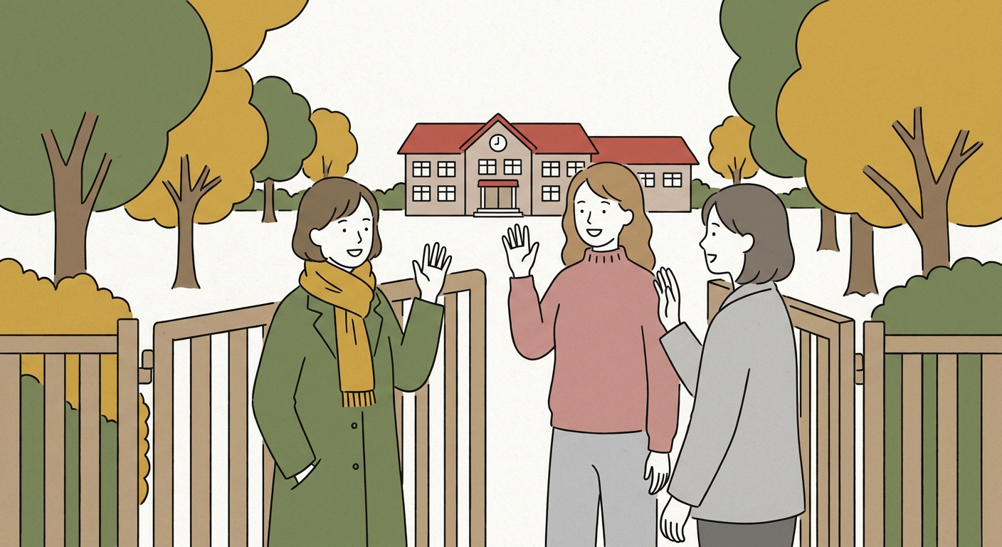 園の門で挨拶を交わすママたちの北欧イラスト風イメージ