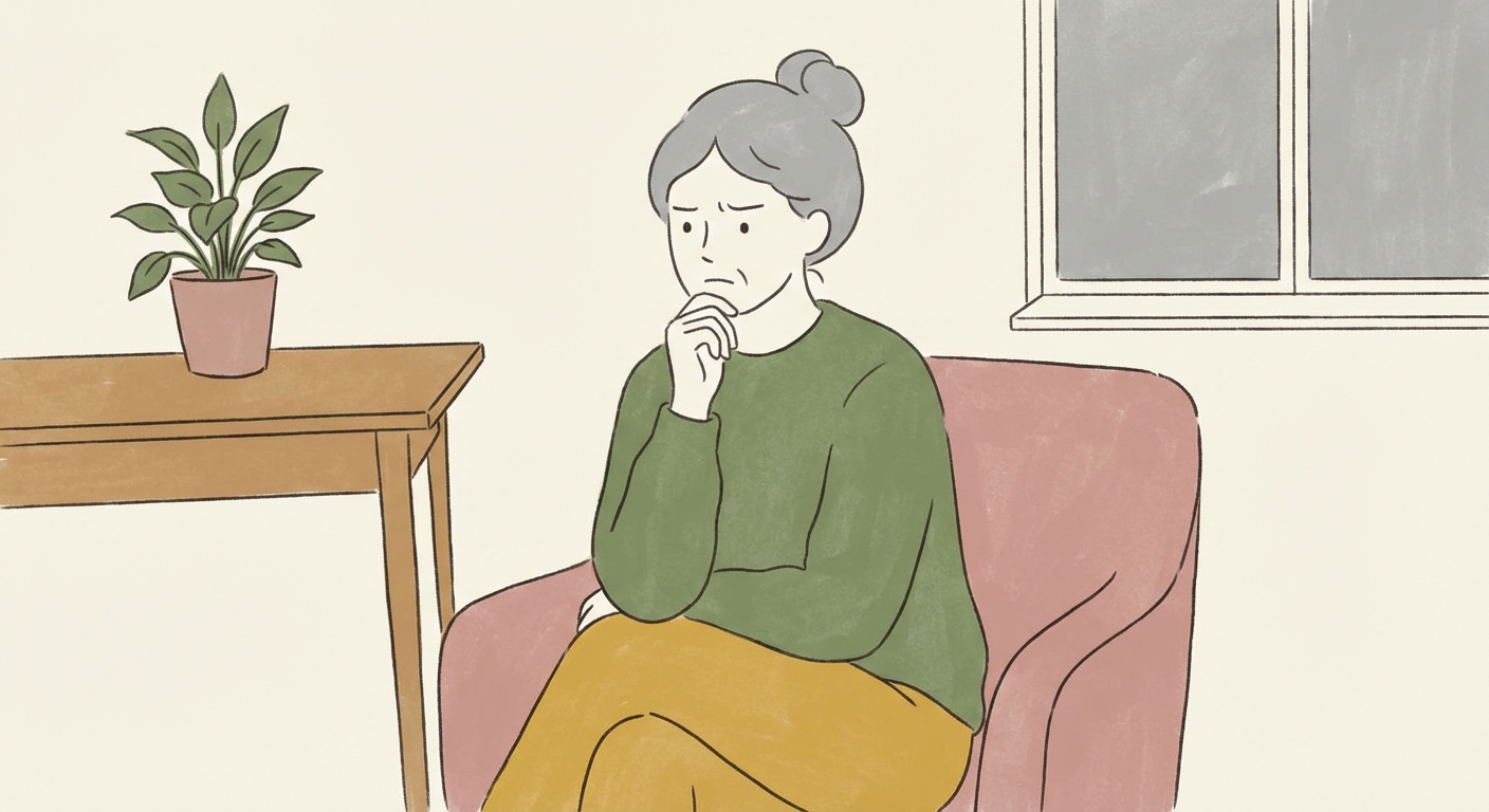 難しい表情で考えるママの北欧イラスト風イメージ