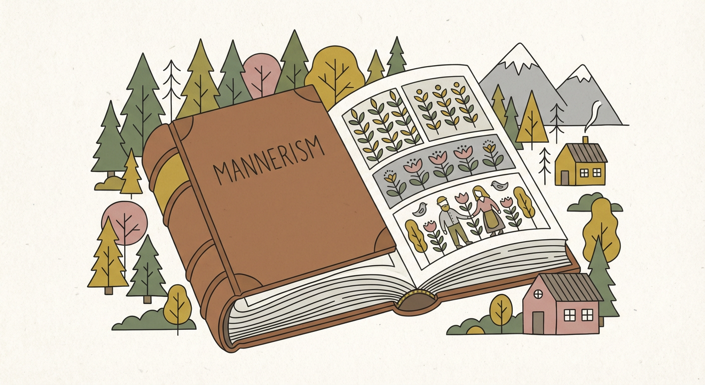 マンネリ化の語源イメージ（古い書物と「mannerism」の文字）