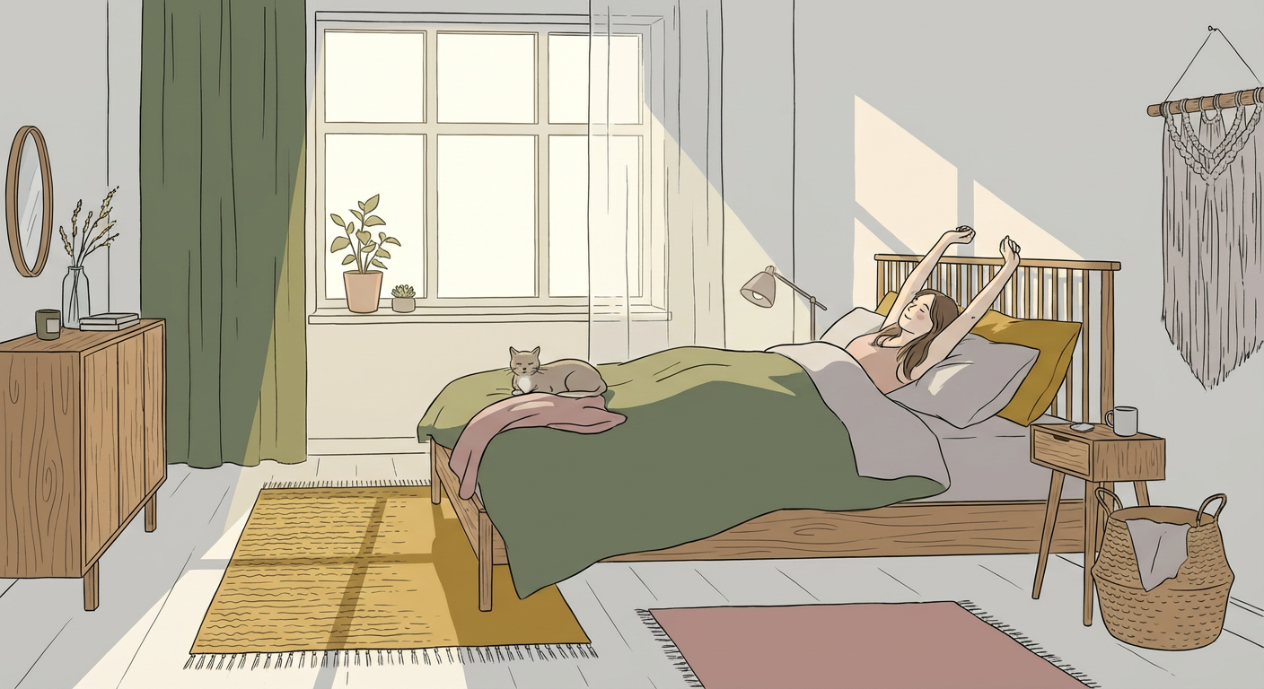 朝の光が差し込む寝室と目覚める人のイメージ