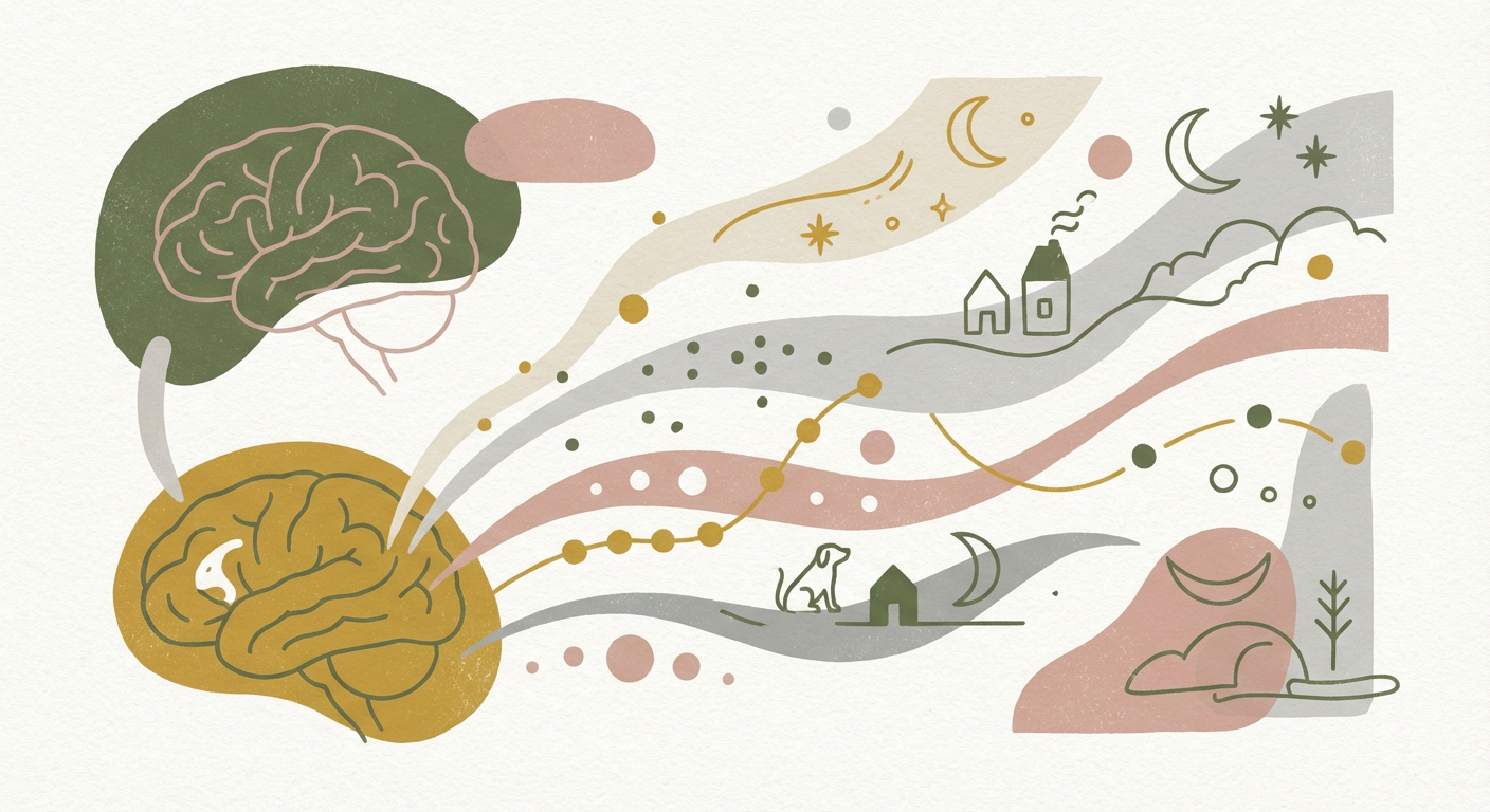 脳と夢をつなぐ光のイメージ（抽象的なイラスト）