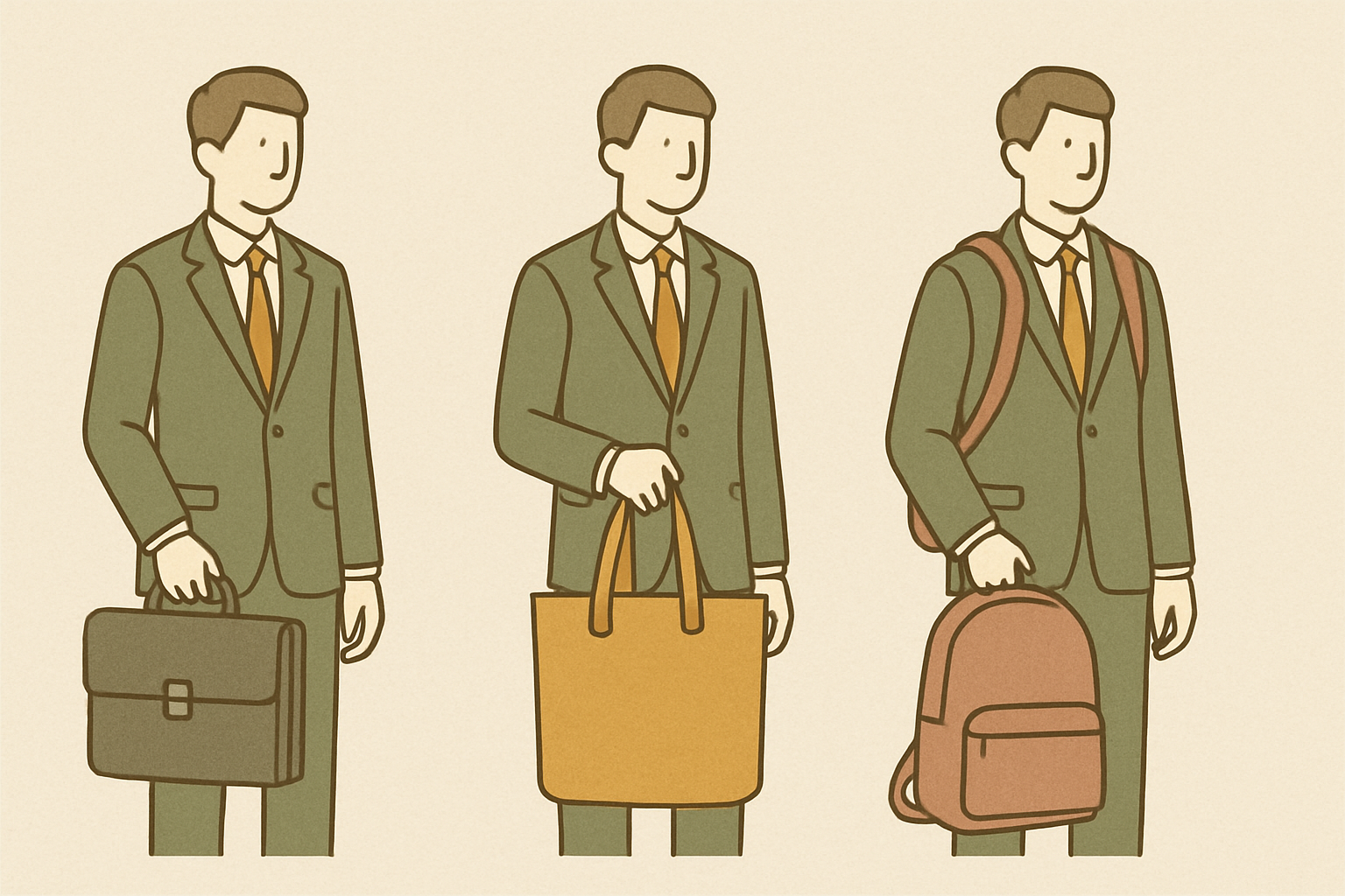 スーツに合うバッグ種類の比較イメージ（ブリーフケース・トート・リュック）