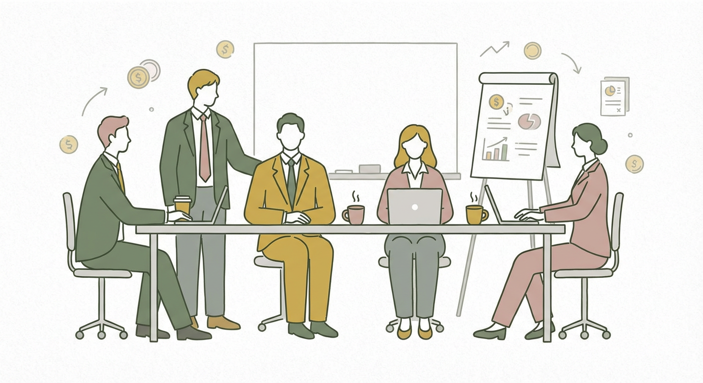 ビジネスシーンでミニマムチャージなどの言葉が飛び交うイメージ