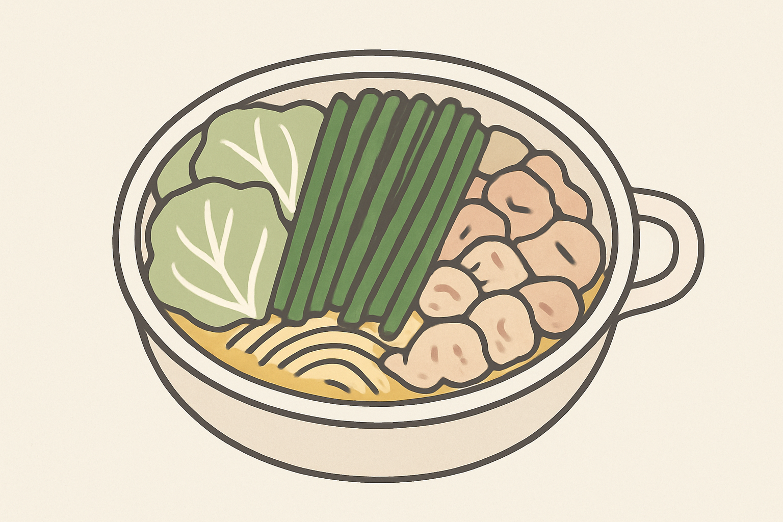 もつ鍋の具材（キャベツ・ニラ・もつ）が鍋に盛られたイメージ