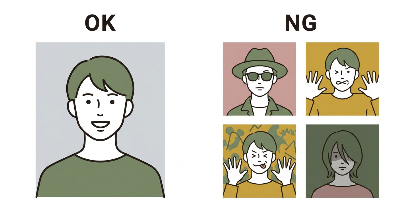 マイナンバーカード写真のNG例とOK例を比較したイラスト