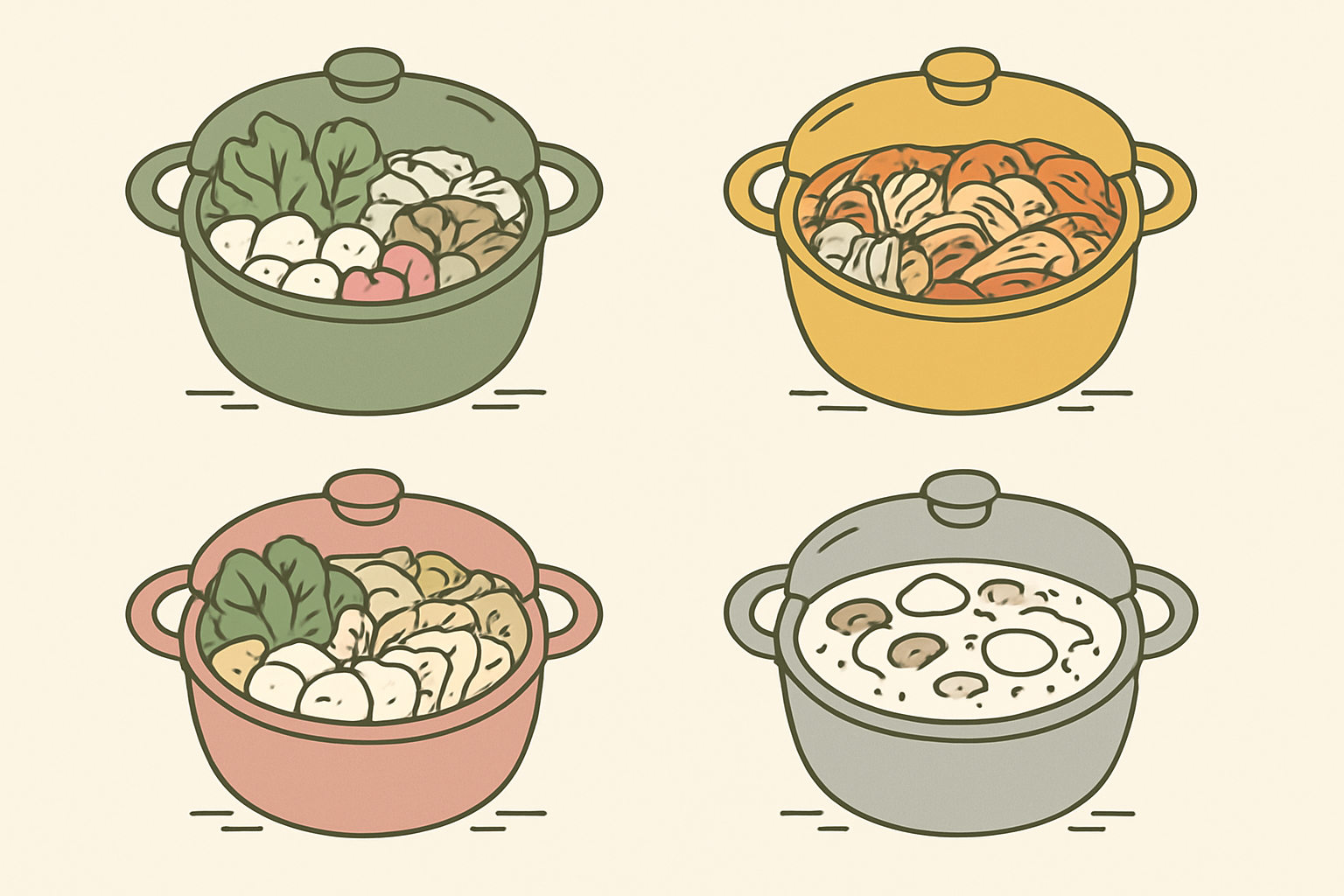 鍋の種類別イメージ（寄せ鍋・キムチ鍋・豆乳鍋など）