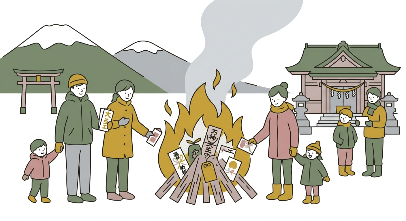 神社で行われるどんど焼きの炎と古札・年賀状を納める情景