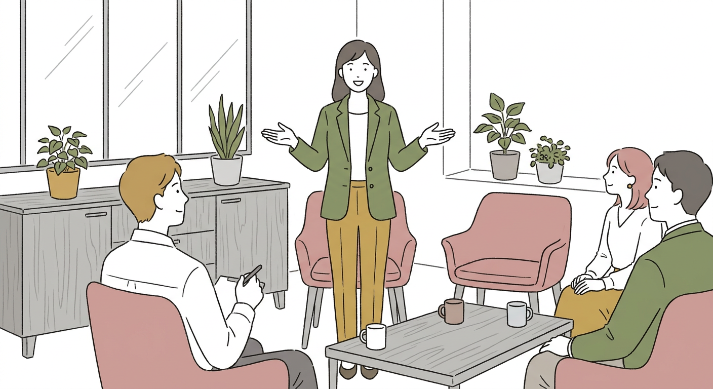新入社員が会議室で笑顔で立って自己紹介をしている様子。北欧イラスト風、シンプル線画とくすみカラー