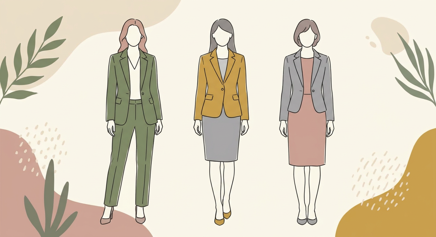 パンツスーツ・スカートスーツ・ワンピーススーツの3タイプを並べた女性ビジネスファッションのイメージ